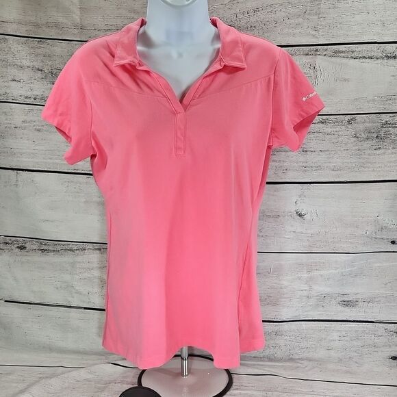 🐞Columbia Pink Omni-Freeze Collared Vneck Short Sleeve Top Medium - Picture 4 of 15